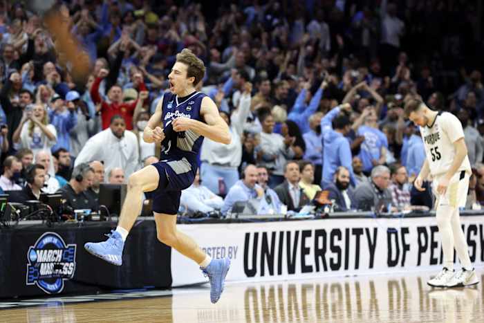 Mar 25, 2022; Philadelphia, PA, USA; St. Peter's Peacocks guard Doug Edert (25) celebrates after defeating the Purdue Boilermakers in the semifinals of the East regional of the men's college basketball NCAA Tournament at Wells Fargo Center.
