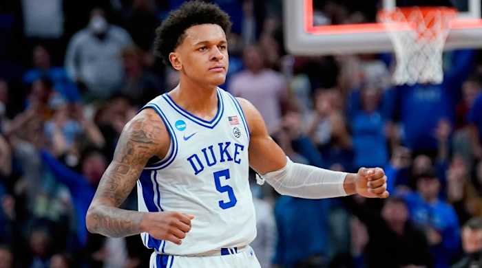 Duke forward Paolo Banchero (5) celebrates during the first half of a college basketball game against Arkansas in the Elite 8 round of the NCAA men’s tournament in San Francisco, Saturday, March 26, 2022.