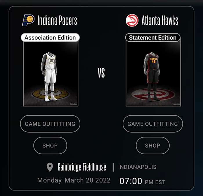 Uniforms worn by the Indiana Pacers and Atlanta Hawks on March 28, 2022.