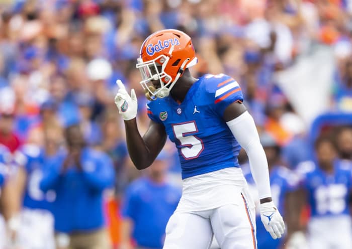 Sep 18, 2021; Gainesville, Florida, USA; Florida Gators safety Kaiir Elam (5) against the Alabama Crimson Tide at Ben Hill Griffin Stadium. Mandatory Credit: Mark J. Rebilas-USA TODAY Sports