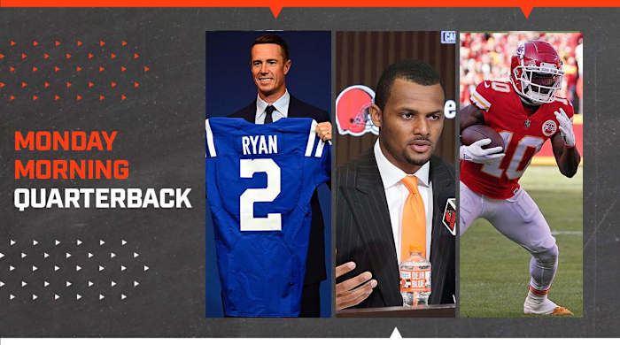 Matt Ryan at introductory Colts press conference; Deshaun Watson at introductory Browns press conference; Tyreek Hill as a Chief