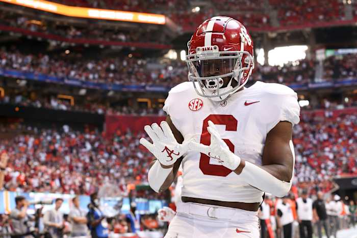 Alabama Crimson Tide running back Trey Sanders (6) celebrates after scoring a touchdown against the Miami Hurricanes at Mercedes-Benz Stadium. Alabama won 44-13.