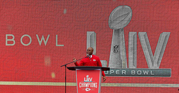 Feb 5, 2020; Kansas City, Missouri, USA; Kansas City mayor Quinton Lucas speaks during the Champions Rally. Mandatory Credit: Denny Medley-USA TODAY Sports