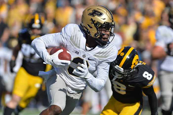 Oct 16, 2021; Iowa City, Iowa, USA; Purdue Boilermakers wide receiver David Bell (3) in action against the Iowa Hawkeyes at Kinnick Stadium.