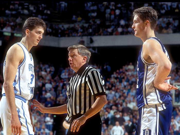 UNC’s Eric Montross looks at Duke’s Christian Laettner