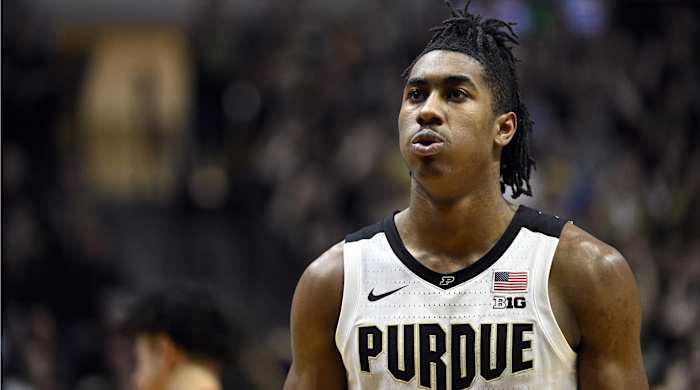 Jaden Ivey prepares to shoot a free throw for Purdue.