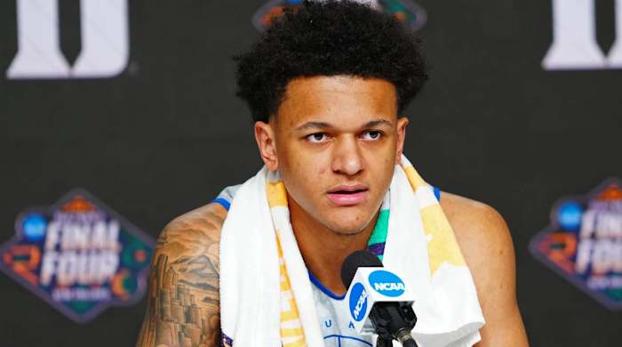 Apr 1, 2022; New Orleans, LA, USA; Duke Blue Devils forward Paolo Banchero (5) talks to media during a press conference before the 2022 NCAA men’s basketball tournament Final Four semifinals at Caesars Superdome.