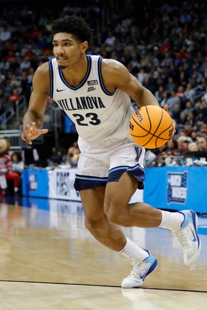 Mar 20, 2022; Pittsburgh, PA, USA; Villanova Wildcats forward Jermaine Samuels (23) drives to the basket against the Ohio State Buckeyes during the second round of the 2022 NCAA Tournament at PPG Paints Arena. Mandatory Credit: Geoff Burke-USA TODAY Sports