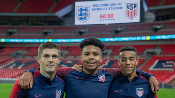 Christian Pulisic, Weston McKennie and Tyler Adams at a USMNT friendly vs. England in 2018