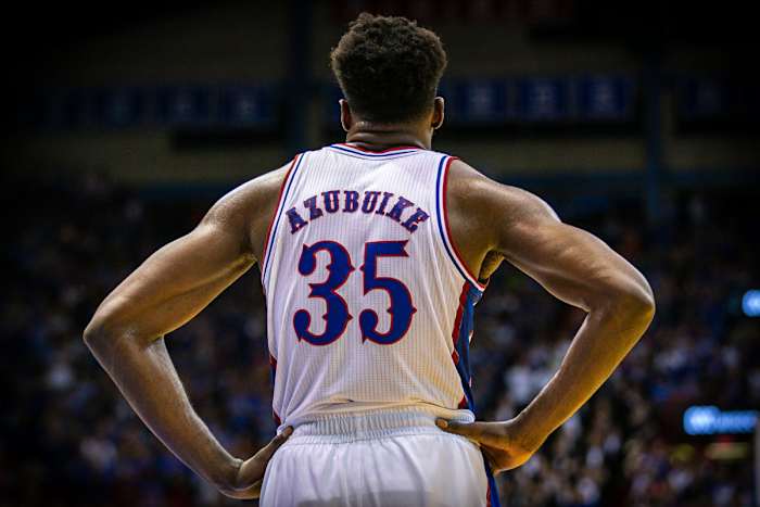 Mar 4, 2020; Lawrence, Kansas, USA; Kansas Jayhawks center Udoka Azubuike (35) stands on the court during a timeout during the second half against the TCU Horned Frogs at Allen Fieldhouse. Mandatory Credit: William Purnell-USA TODAY Sports