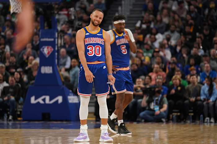 Mar 16, 2022; San Francisco, California, USA; Golden State Warriors guard Stephen Curry (30) reacts after being called for an offensive foul against the Boston Celtics in the second quarter at the Chase Center. Mandatory Credit: Cary Edmondson-USA TODAY Sports