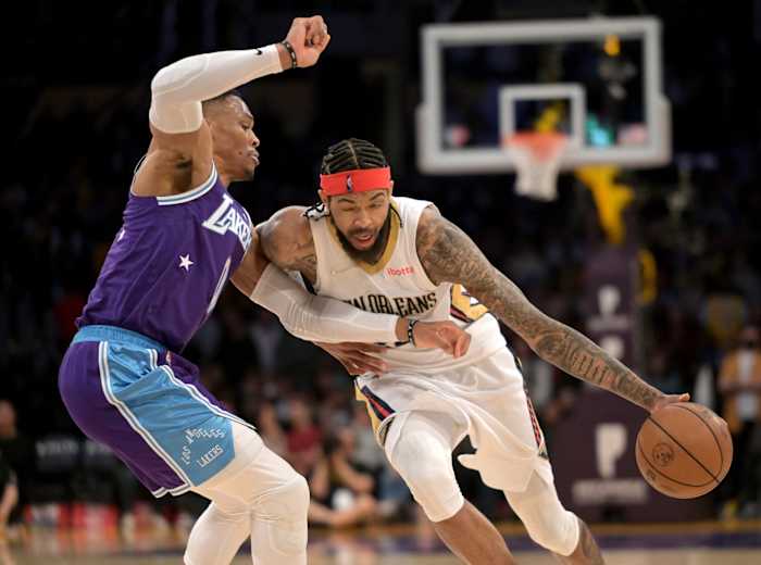 Brandon Ingram drives on Westbrook
