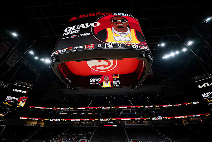 Apr 2, 2022; Atlanta, Georgia, USA; A general view of the arena and scoreboard on Quavo night prior to the game between the Brooklyn Nets against the Atlanta Hawks at State Farm Arena.