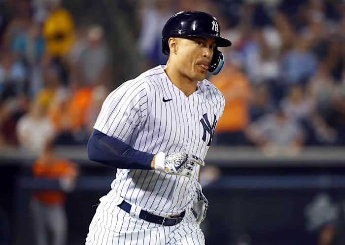 Yankees DH Giancarlo Stanton rounds bases in spring training