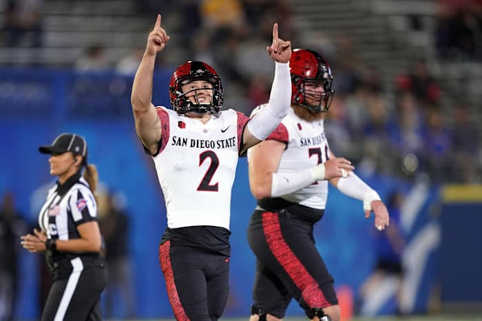 Oct 15, 2021; San Jose, California, USA; San Diego State Aztecs kicker Matt Araiza (2) gestures after a made field goal during the second quarter against the San Jose State Spartans at CEFCU Stadium. Mandatory Credit: Darren Yamashita-USA TODAY Sports