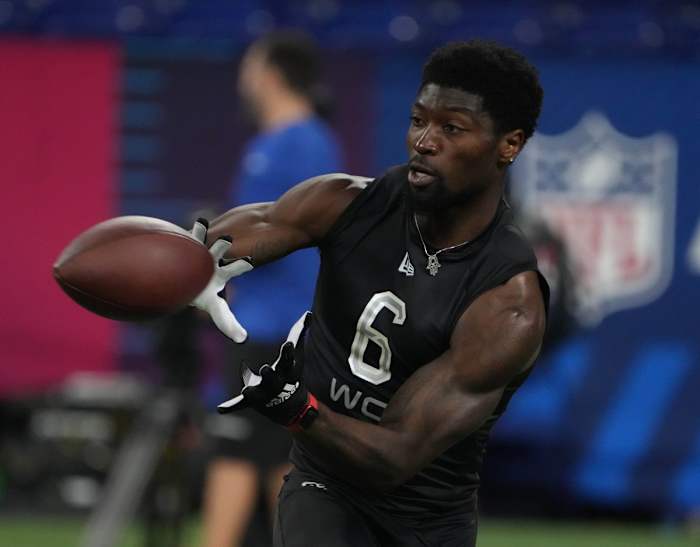 Mar 3, 2022; Indianapolis, IN, USA; Nicholls State wide receiver Dai'Jean Dixon (WO06) goes through drills during the 2022 NFL Scouting Combine at Lucas Oil Stadium. Mandatory Credit: Kirby Lee-USA TODAY Sports