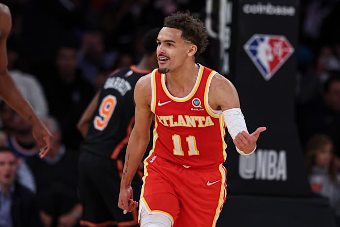 Trae Young reacts after a basket against the Knicks.
