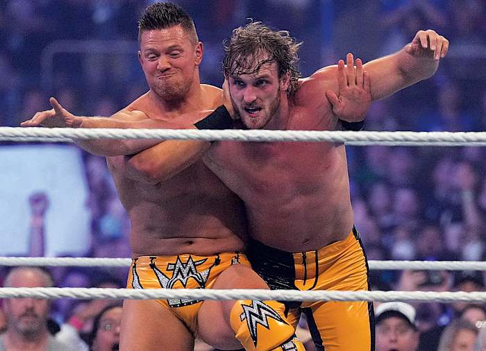 The Miz turns on his partner Logan Paul shortly after the two celebrated their victory over the Mysterios at Wrestlemania 38 at AT&T Stadium in Arlington, Texas.
