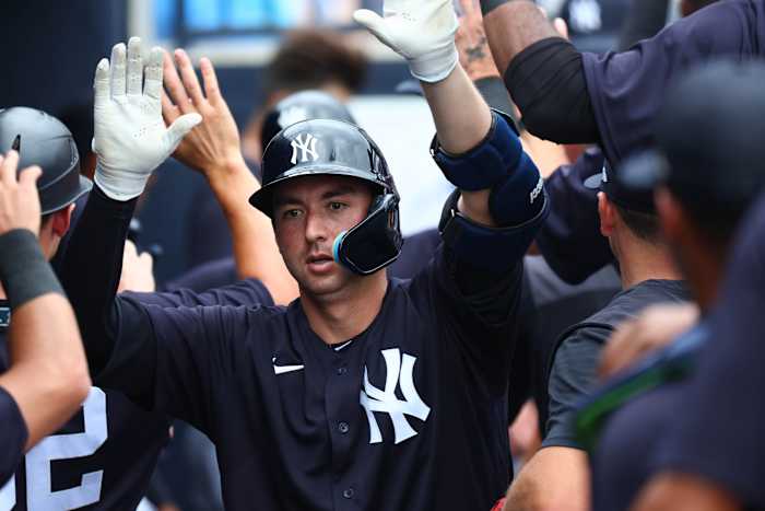 Yankees catcher Kyle Higashioka high fives dugout