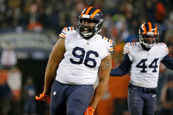 Dec 20, 2021; Chicago, Illinois, USA; Chicago Bears defensive end Akiem Hicks (96) reacts after sacking Minnesota Vikings quarterback Kirk Cousins (not pictured) during the second half at Soldier Field. The Minnesota Vikings won 17-9. Mandatory Credit: Jon Durr-USA TODAY Sports