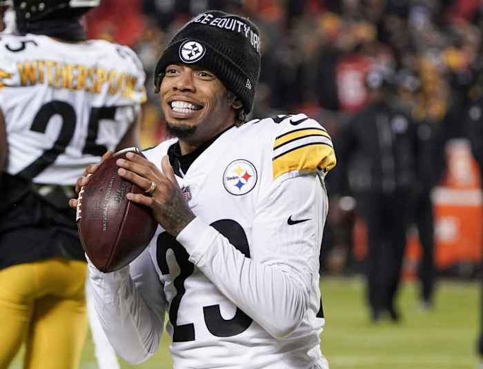 Jan 16, 2022; Kansas City, Missouri, USA; Pittsburgh Steelers cornerback Joe Haden (23) warms up against the Kansas City Chiefs in an AFC Wild Card playoff football game at GEHA Field at Arrowhead Stadium. Mandatory Credit: Denny Medley-USA TODAY Sports