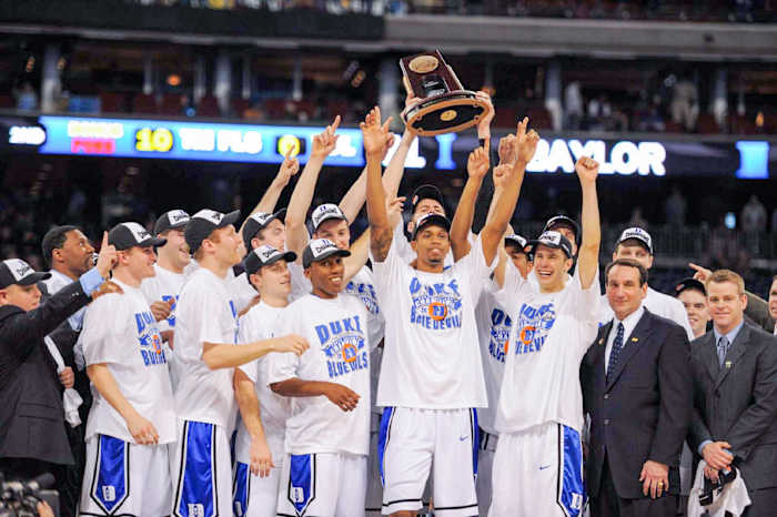 Scheyer (far right) helped deliver Coach K his fourth title, in 2010, against Butler.