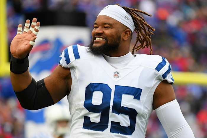 Nov 21, 2021; Orchard Park, New York, USA; Indianapolis Colts defensive tackle Taylor Stallworth (95) waves to the fans prior to the game against the Buffalo Bills at Highmark Stadium. Mandatory Credit: Rich Barnes-USA TODAY Sports