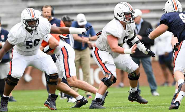 Linemen E. J. Haris and Avery Jernigan (57).Auburn FB scrimmage on Saturday, April 2, 2022 in Auburn, Ala.