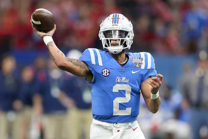 Mississippi Rebels quarterback Matt Corral (2) makes a throw against the Baylor Bears in the 2022 Sugar Bowl. Mandatory Credit: Chuck Cook-USA TODAY Sports