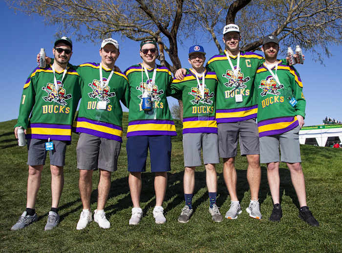 Friends from Grand Rapids, Michigan, dressed up in jerseys for The Mighty Ducks movie for the second round of the Waste Management Phoenix Open at the TPC Scottsdale, Friday, February 1, 2019. From left to right are; Sam Cusmano, 28, Andy Brown, 28, Tyler Allard, 27, Michael Matusiak, 24, Derek Lennen, 27, and Cole Dehen, 28. Wm Phoenix Open