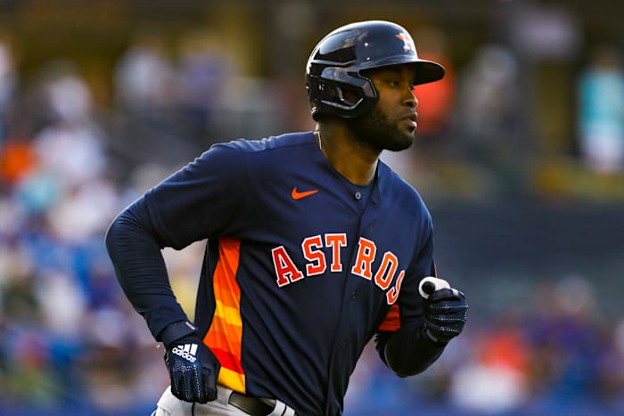 Mar 30, 2022; Port St. Lucie, Florida, USA; Houston Astros designated hitter Yordan Alvarez (44) rounds the bases after hitting a home run in the fourth inning against the New York Mets during spring training at Clover Park. Mandatory Credit: Sam Navarro-USA TODAY Sports