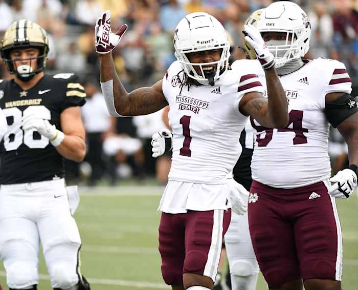 Oct 23, 2021; Nashville, Tennessee, USA; Mississippi State Bulldogs cornerback Martin Emerson (1) after a defensive stop during the first half against the Vanderbilt Commodores at Vanderbilt Stadium. Mandatory Credit: Christopher Hanewinckel-USA TODAY Sports