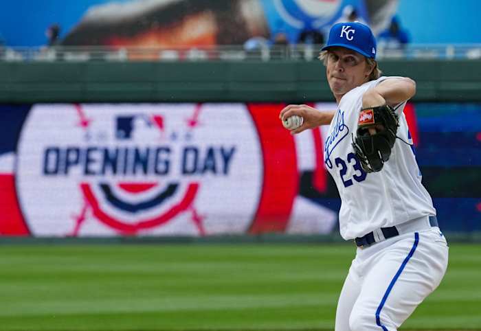 Apr 7, 2022; Kansas City, Missouri, USA; Kansas City Royals starting pitcher Zack Greinke (23) warms up before the game against the Cleveland Guardians at Kauffman Stadium. Mandatory Credit: Jay Biggerstaff-USA TODAY Sports