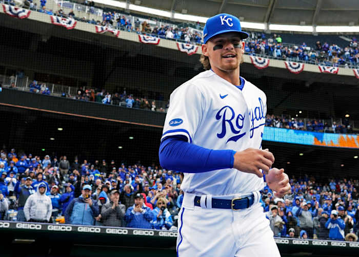 Apr 7, 2022; Kansas City, Missouri, USA; Kansas City Royals third baseman Bobby Witt Jr. (7) is introduced before the game against the Cleveland Guardians at Kauffman Stadium. Mandatory Credit: Jay Biggerstaff-USA TODAY Sports