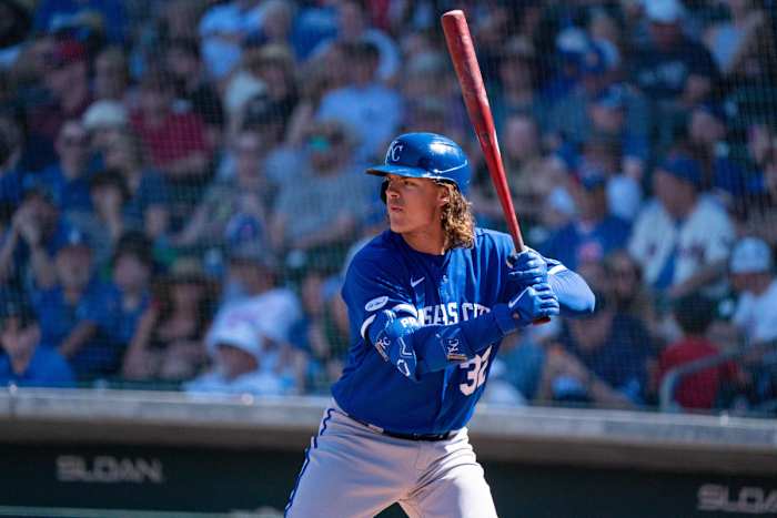 Mar 27, 2022; Mesa, Arizona, USA; Kansas City Royals infielder Nick Pratto (32) at bat in the third inning during a spring training game against the Chicago Cubs at Sloan Park. Mandatory Credit: Allan Henry-USA TODAY Sports