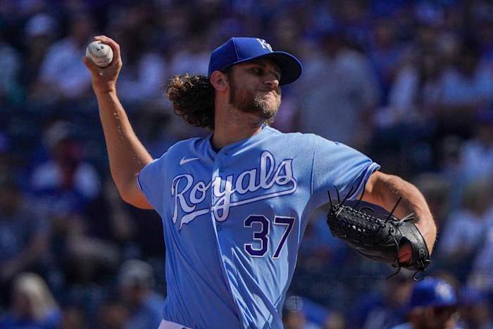 Oct 3, 2021; Kansas City, Missouri, USA; Kansas City Royals starting pitcher Jackson Kowar (37) delivers a pitch against the Minnesota Twins in the first inning at Kauffman Stadium. Mandatory Credit: Denny Medley-USA TODAY Sports