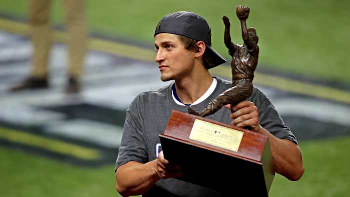 Oct 27, 2020; Arlington, Texas, USA; Los Angeles Dodgers shortstop Corey Seager (5) celebrates being named the World Series MVP after the Los Angeles Dodgers beat the Tampa Bay Rays to win the World Series in game six of the 2020 World Series at Globe Life Field. Mandatory Credit: Tim Heitman-USA TODAY Sports