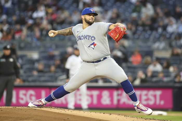 Apr 11, 2022; Bronx, New York, USA; Toronto Blue Jays starting pitcher Alek Manoah (6) throws a pitch in the first inning against the New York Yankees at Yankee Stadium.