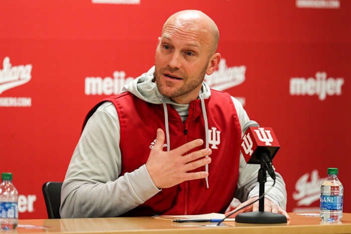 Chad Wilt meets with the media after being hired as Indiana's defensive coordinator and linebackers coach. (Photo courtesy of IU Athletics)