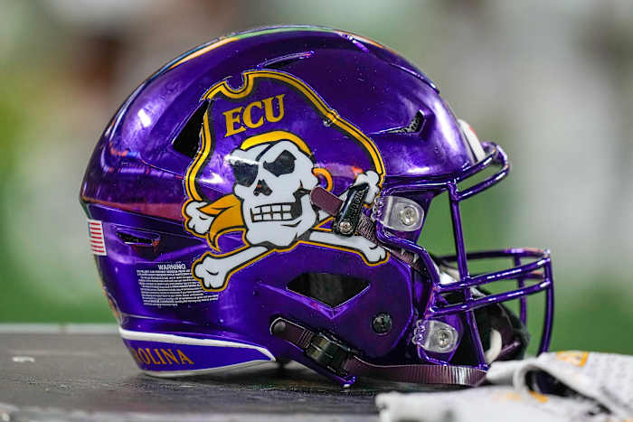 Sep 2, 2021; Charlotte, North Carolina, USA; East Carolina Pirates helmet during the first quarter against the Appalachian State Mountaineers at Bank of America Stadium. Mandatory Credit: Jim Dedmon-USA TODAY Sports