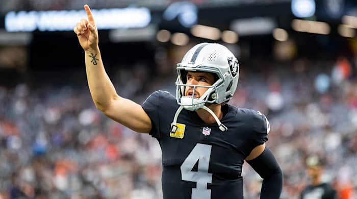 Raiders quarterback Derek Carr reacts prior to the game against the Cincinnati Bengals at Allegiant Stadium.