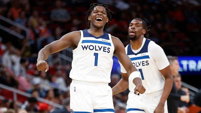 Minnesota Timberwolves forward Anthony Edwards (1) reacts after scoring during the second quarter against the Houston Rockets.