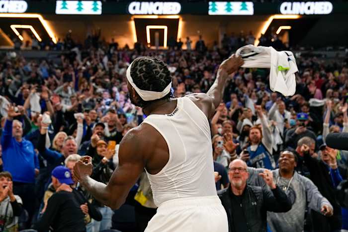 Apr 12, 2022; Minneapolis, Minnesota, USA; Minnesota Timberwolves guard Patrick Beverley (22) throws his jersey into the crowd after the Timberwolves secured a play-off spot by defeating the Los Angeles Clippers in a play-in game at Target Center. Mandatory Credit: Nick Wosika-USA TODAY Sports