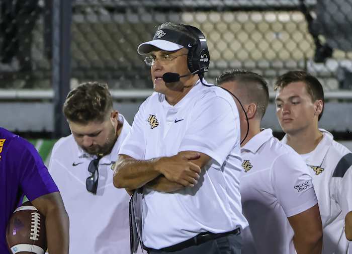Oct 9, 2021; Orlando, Florida, USA; UCF Knights head coach Gus Malzahn looks on during the second half against the East Carolina Pirates at Bounce House. Mandatory Credit: Mike Watters-USA TODAY Sports