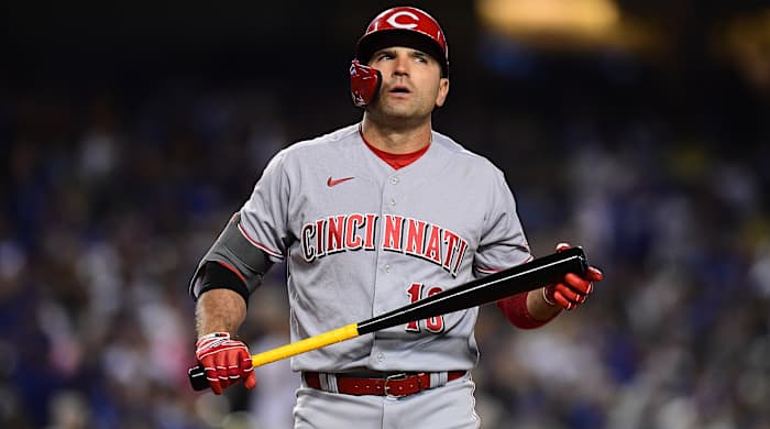 Joey Votto reacts after an at-bat.