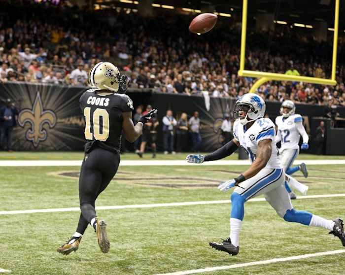 Dec 21, 2015; New Orleans Saints wide receiver Brandin Cooks (10) makes a touchdown catch past Lions cornerback Nevin Lawson (24). Mandatory Credit: Chuck Cook-USA TODAY Sports
