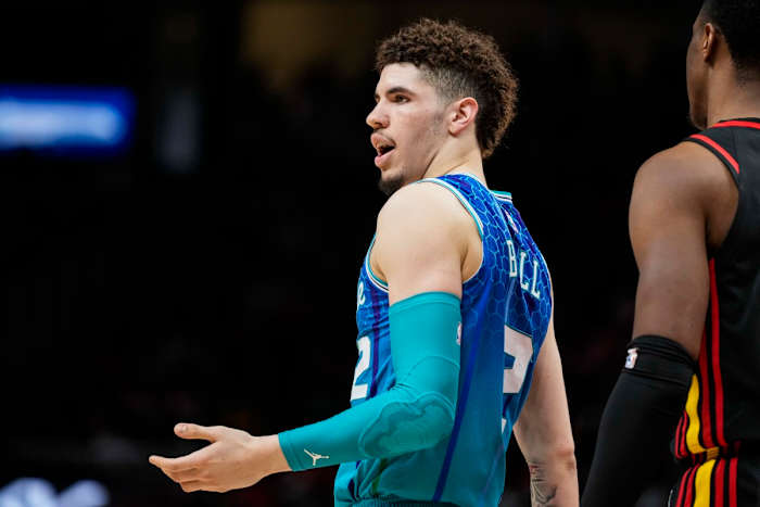 Apr 13, 2022; Atlanta, Georgia, USA; Charlotte Hornets guard LaMelo Ball (2) questions a foul against the Atlanta Hawks during the first half at State Farm Arena. Mandatory Credit: Dale Zanine-USA TODAY Sports