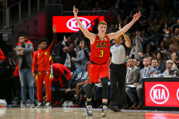 Nov 5, 2019; Atlanta, GA, USA; Atlanta Hawks guard Kevin Huerter (3) reacts after a three point basket against the San Antonio Spurs in the fourth quarter at State Farm Arena.