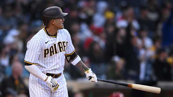 Apr 18, 2022; San Diego, California, USA; San Diego Padres third baseman Manny Machado (13) watches his two-run home run against the Cincinnati Reds during the first inning at Petco Park. Mandatory Credit: Orlando Ramirez-USA TODAY Sports