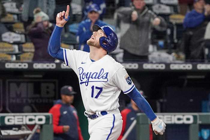 Apr 19, 2022; Kansas City, Missouri, USA; Kansas City Royals first baseman Hunter Dozier (17) celebrates after hitting a home run against the Minnesota Twins in the sixth inning at Kauffman Stadium. Mandatory Credit: Denny Medley-USA TODAY Sports